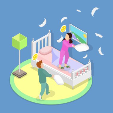 3 Boyutlu Isometric Düz Vektör Kardeşler Dövüşü, Neşeli Çocuklar Yastık Dövüşü