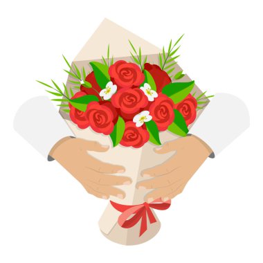 3 Boyutlu Isometric Flat Vektör Resimleri Romantik Çiçek Hediyeleri, Muhteşem Çiçekler Buketleri. Madde 3