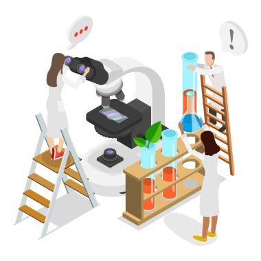 Tıbbi Laboratuvarın 3D Isometric Düz Vektör İllüstrasyonu, Tıbbi Araştırmanın Teorik Faz. Madde 1