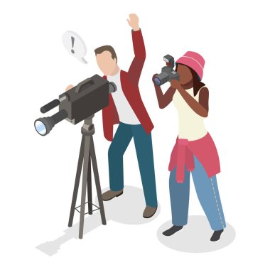 3D Isometric Flat Vlat Illustration of Photo and Video Shooting, Paparazzi, Gazetecilik Etkinlikleri. Madde 1