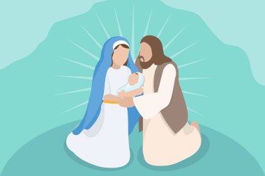 İsa 'nın doğumunun 3D Isometric Düz Vektör İllüstrasyonu, Kutsal Aile' nin İsa 'nın doğuşu sahnesi