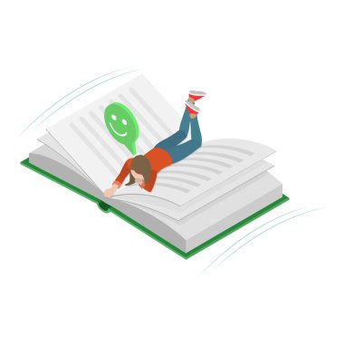 Kitap okumanın 3 boyutlu Isometric Düz Vektör İllüstrasyonu, Bulutların Üzerinde Yükselen Çift. Madde 1