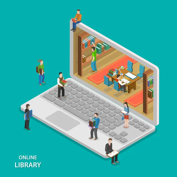 Online library flat isometric vector concept. — Stock Vector