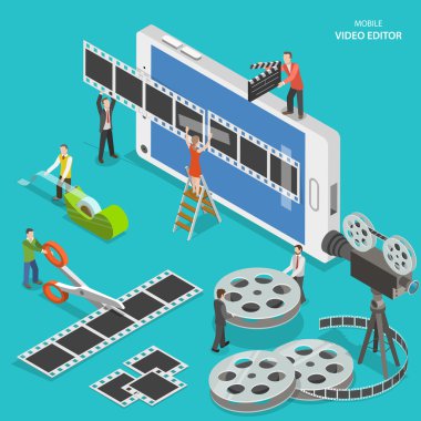 Mobil video editörü düz izometrik vektör kavramı.