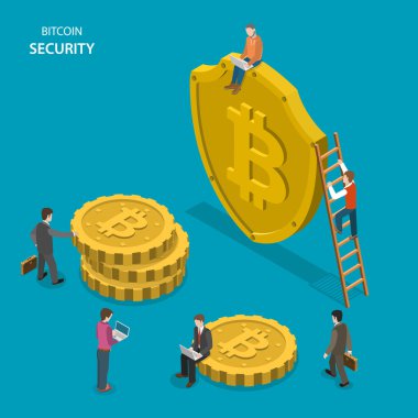 Bitcoin güvenlik izometrik düz vektör kavramı.