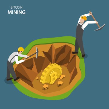 Bitcoin madencilik izometrik düz vektör kavramı.