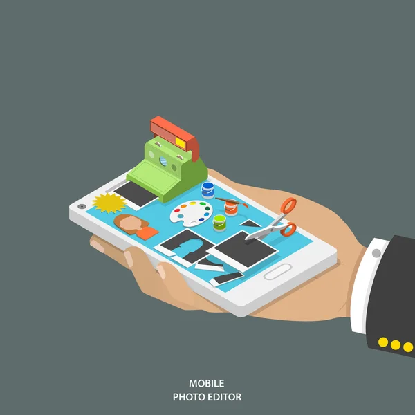 Mobile photo editor flat isometric vector concept. Royalty Free Stock Vectors