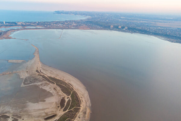 View from the helicopter to Odessa, Kuyalnitsky estuary and the Black Sea