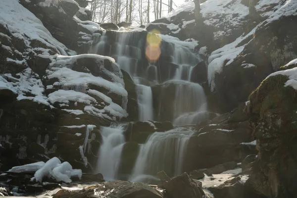 Winter Coniferous Forest Winter Sunny Day Mountain Stream Shipot Waterfall — Stock Photo, Image