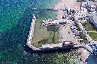 Helikopterden Lanzheron plajına bak. Kumsal ve kıyı şeridi. Odessa 'da. Ukrayna