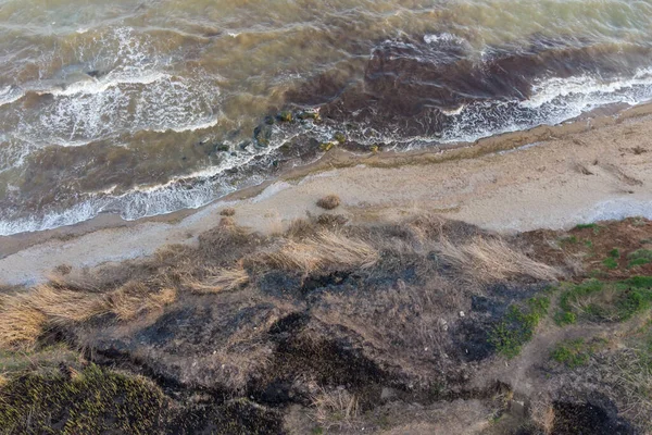 深海の海岸とサーフィン 嵐と藻類の後に砂で濁った海の水 空中風景 — ストック写真