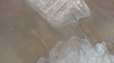 Kurumuş tuz gölünün dibinde. Havadan bak. Kumda araba ve motosiklet izleri var. Bir martı sürüsü kumun üzerinde duruyor.