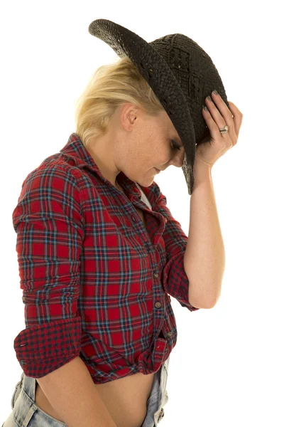 Cowgirl plaid rosso e tuta da lavoro lato guardare in basso — Foto Stock