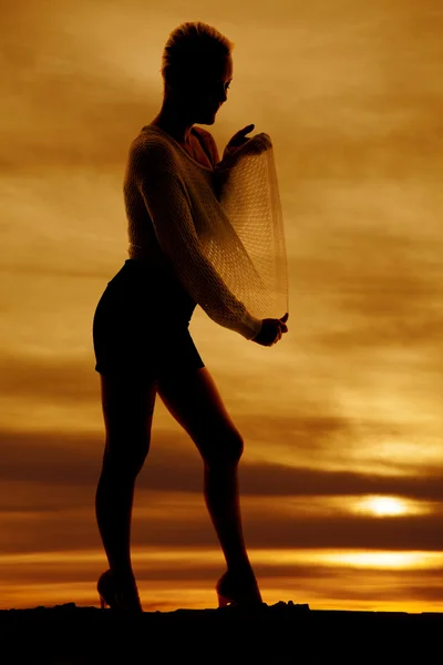 Silhouet van een vrouw speelt met haar terug naar boven — Stockfoto