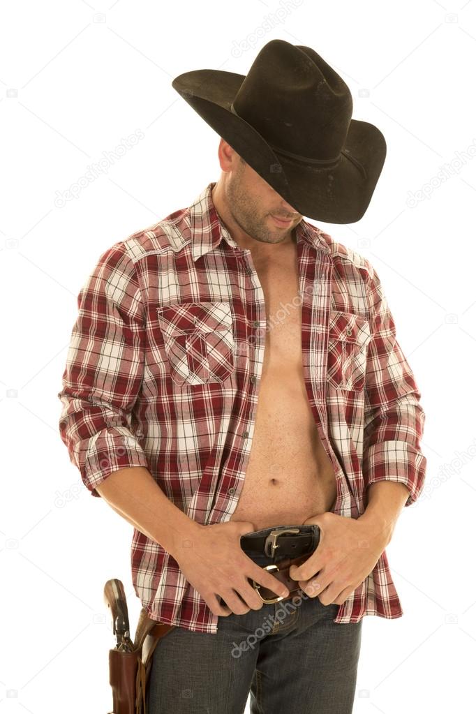 cowboy open plaid shirt look down