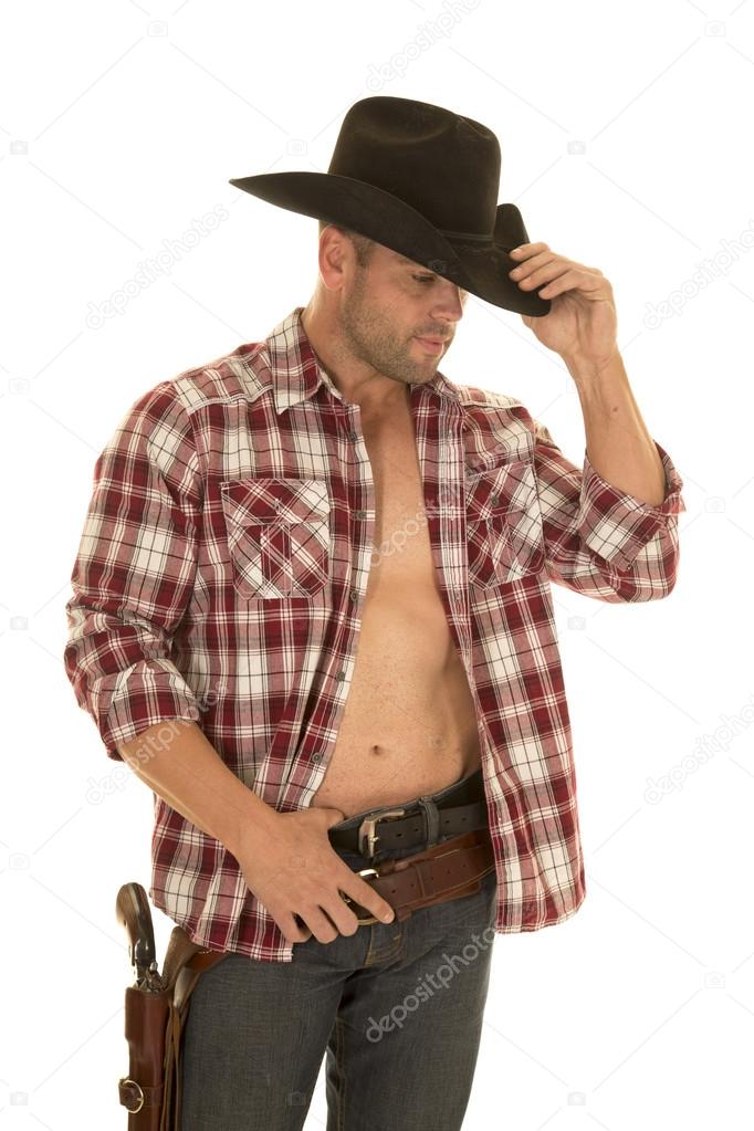 cowboy open plaid shirt touch hat