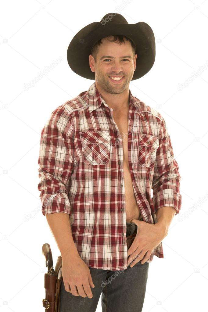 cowboy open plaid shirt big smile