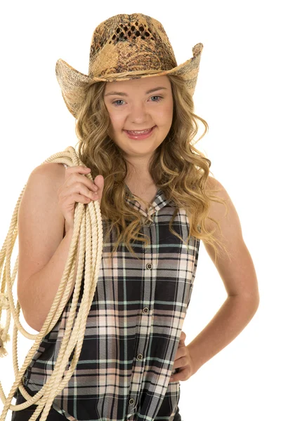 Kocaman bir gülümseme ile ip cowgirl — Stok fotoğraf