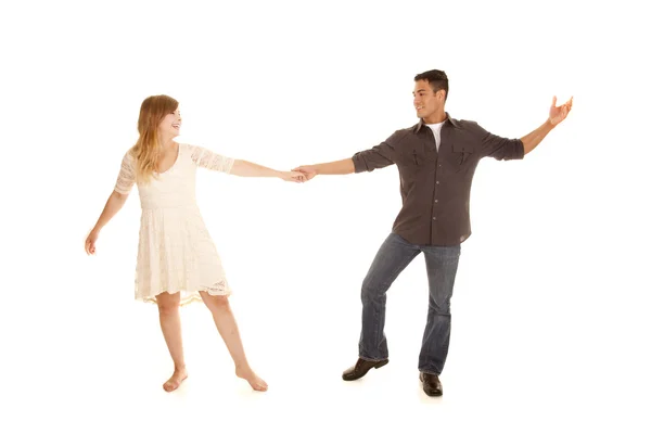 Fitness woman kick up leg by man in plank look down — Stock Photo, Image