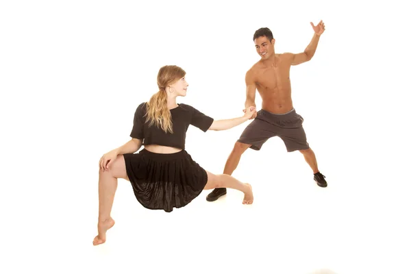 Couple dancing man no shirt woman black skirt lunge — Stock Photo, Image