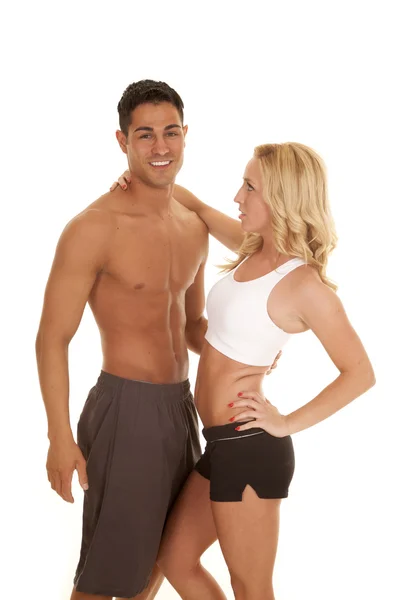 Fitness couple white sports bra man no shirt — Stock Photo, Image