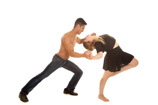 Fitness woman kick up leg by man in plank look down — Stock Photo, Image