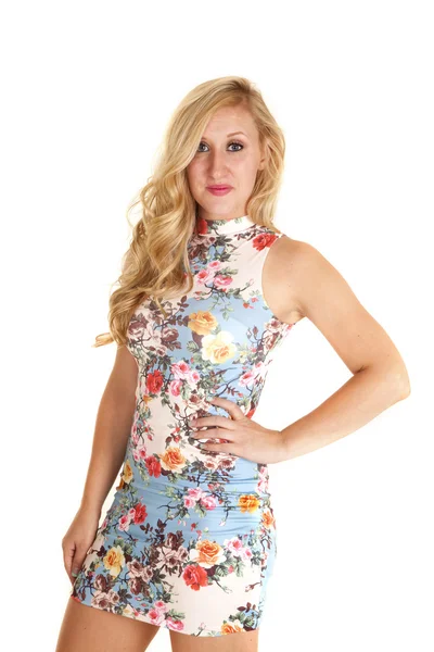 Woman flower dress with smile — Stock Photo, Image