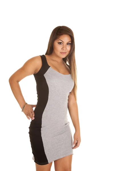 Woman in gray and black strip dress — Stock Photo, Image