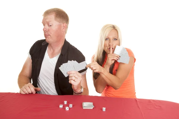 Man and woman playing cards she takes one of his — Stock Photo, Image