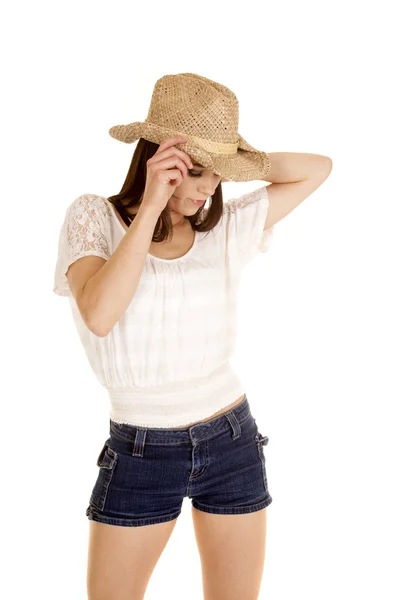 Brunette cowgirl hand on hat look down — Stock Photo, Image