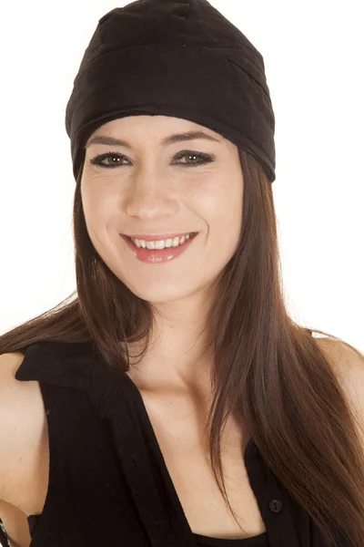 Woman black top and black hat big smile — Stock Photo, Image