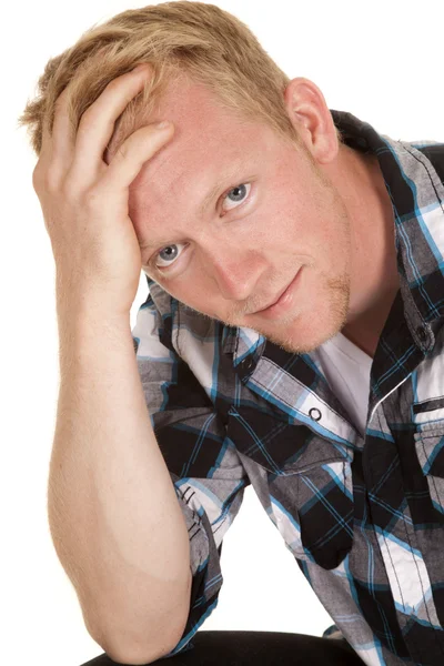 Man in plaid shirt hand in hair look — Stock Photo, Image