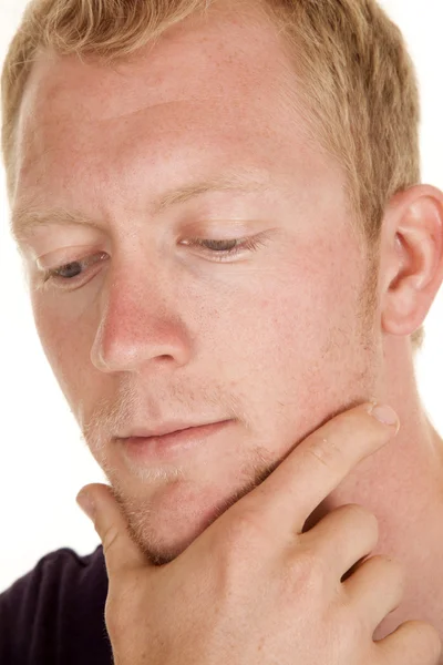 Man in purple shirt head close hand chin look down — Stock Photo, Image