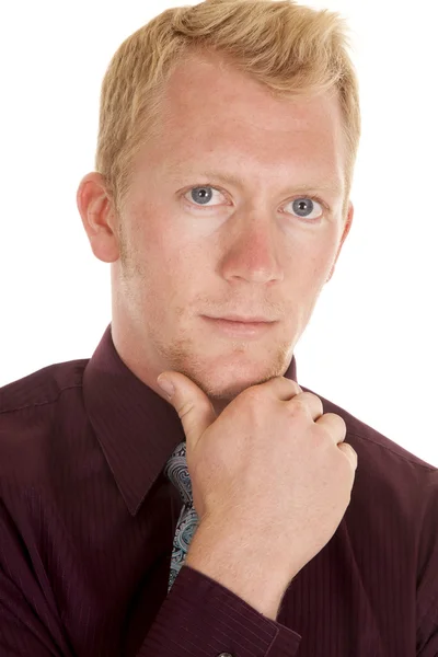 Man in tie purple shirt hand under chin close — Stock Photo, Image