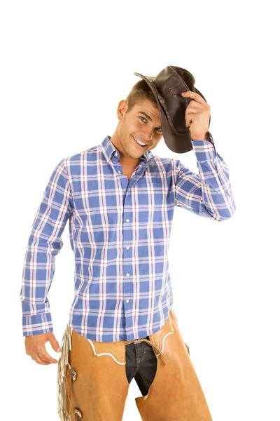 Cowboy vestindo camisa xadrez azul — Fotografia de Stock