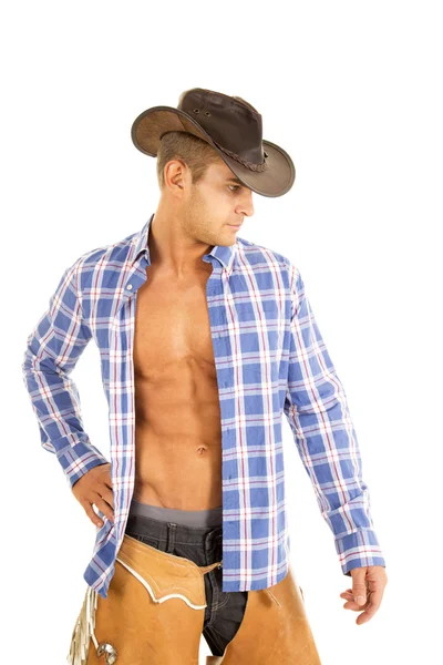 Cowboy wearing blue plaid shirt — Stock Photo, Image