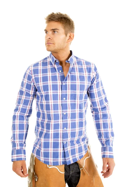 Cowboy wearing blue plaid shirt — Stock Photo, Image