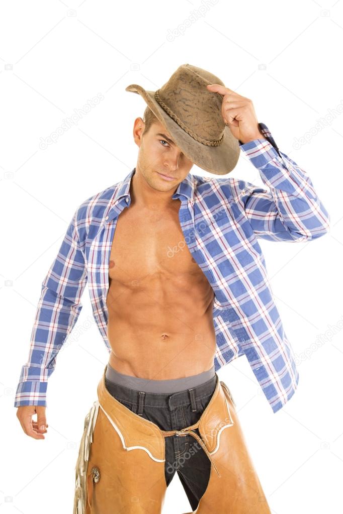 Cowboy wearing blue plaid shirt