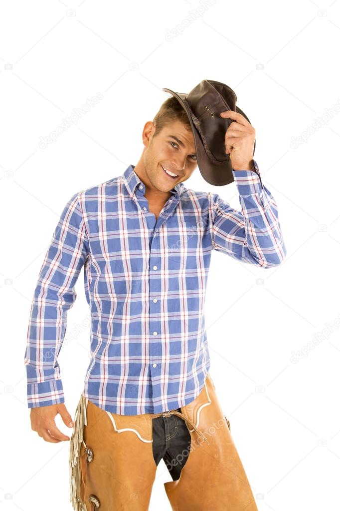 Cowboy wearing blue plaid shirt