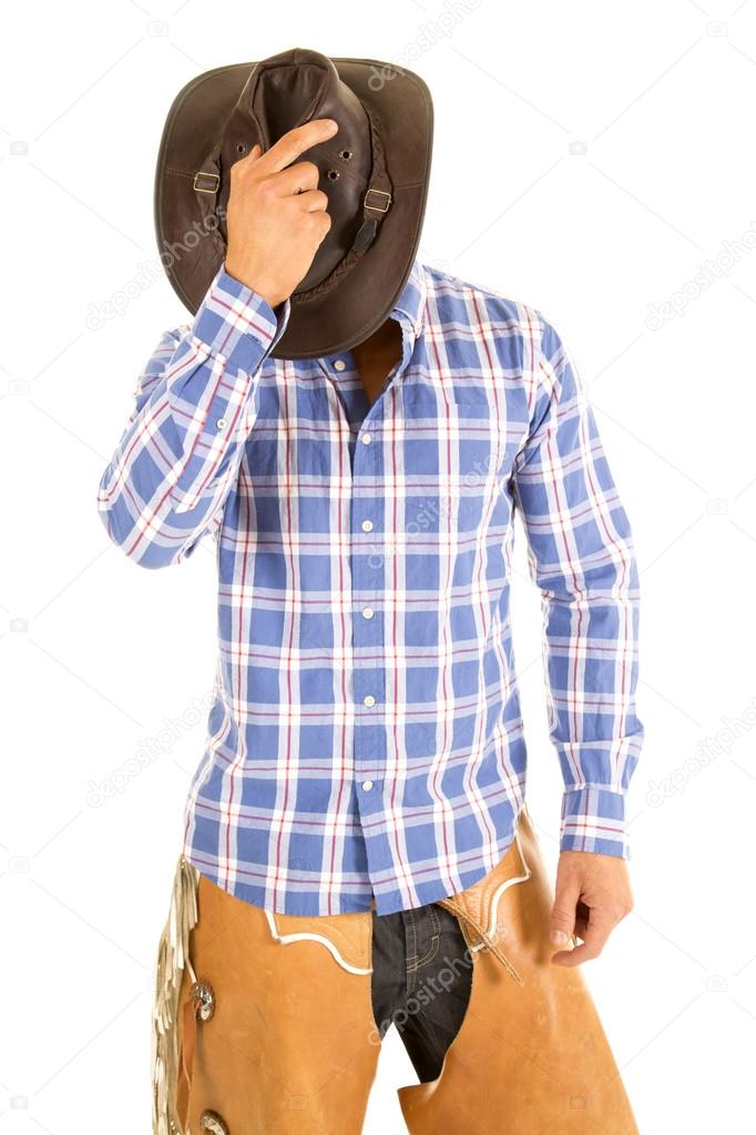 Cowboy wearing blue plaid shirt