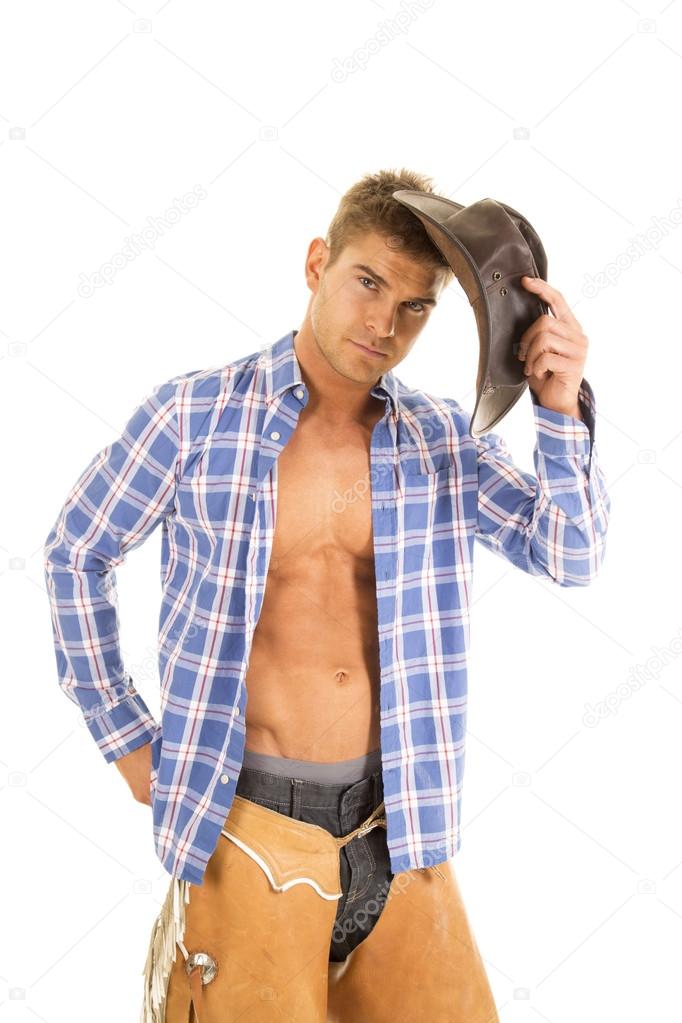 Cowboy wearing blue plaid shirt