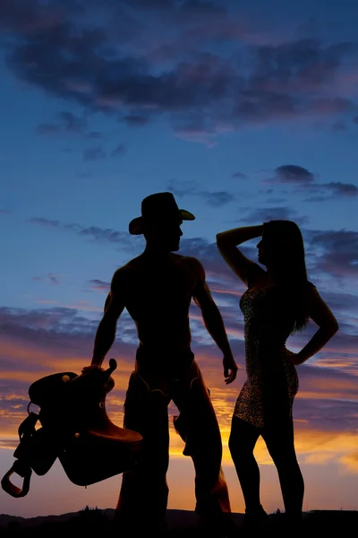 Silhouette kadın ve kovboy — Stok fotoğraf