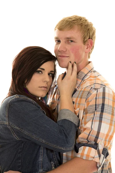 Woman hand on man's chest serious — Stock Photo, Image