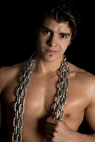 Man no shirt black background chain around neck look — Stock Photo, Image