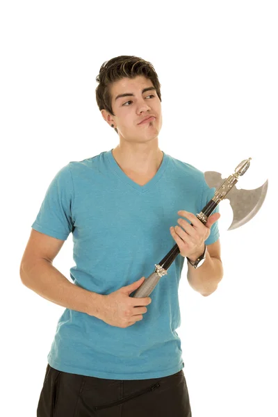 Man in blue shirt with hatchet in hands look size — Stock Photo, Image