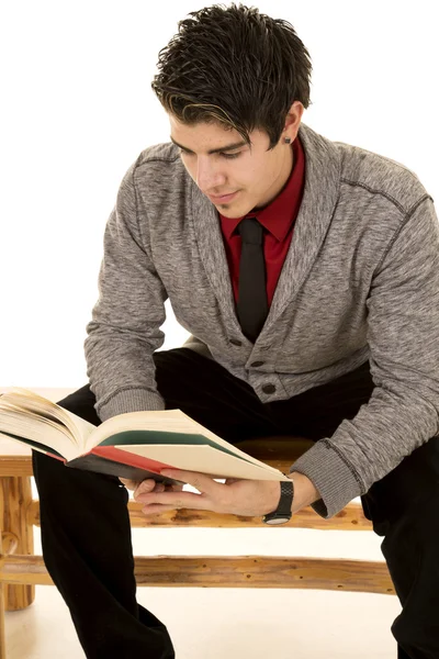 Man in sweater holding book read lean forward — Stock Photo, Image