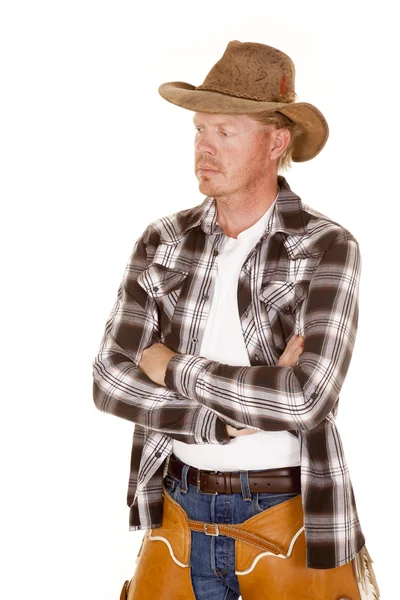 Cowboy cruz braços olhar lado chaps — Fotografia de Stock