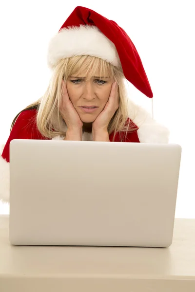 Cappello donna Babbo Natale con laptop — Foto Stock