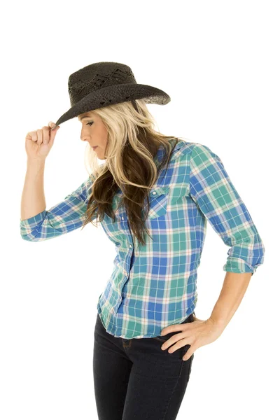 Cowgirl in blue shirt and black hat — Stock Photo, Image