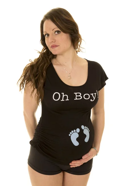 Pregnant woman with footprints on shirt — Stock Photo, Image